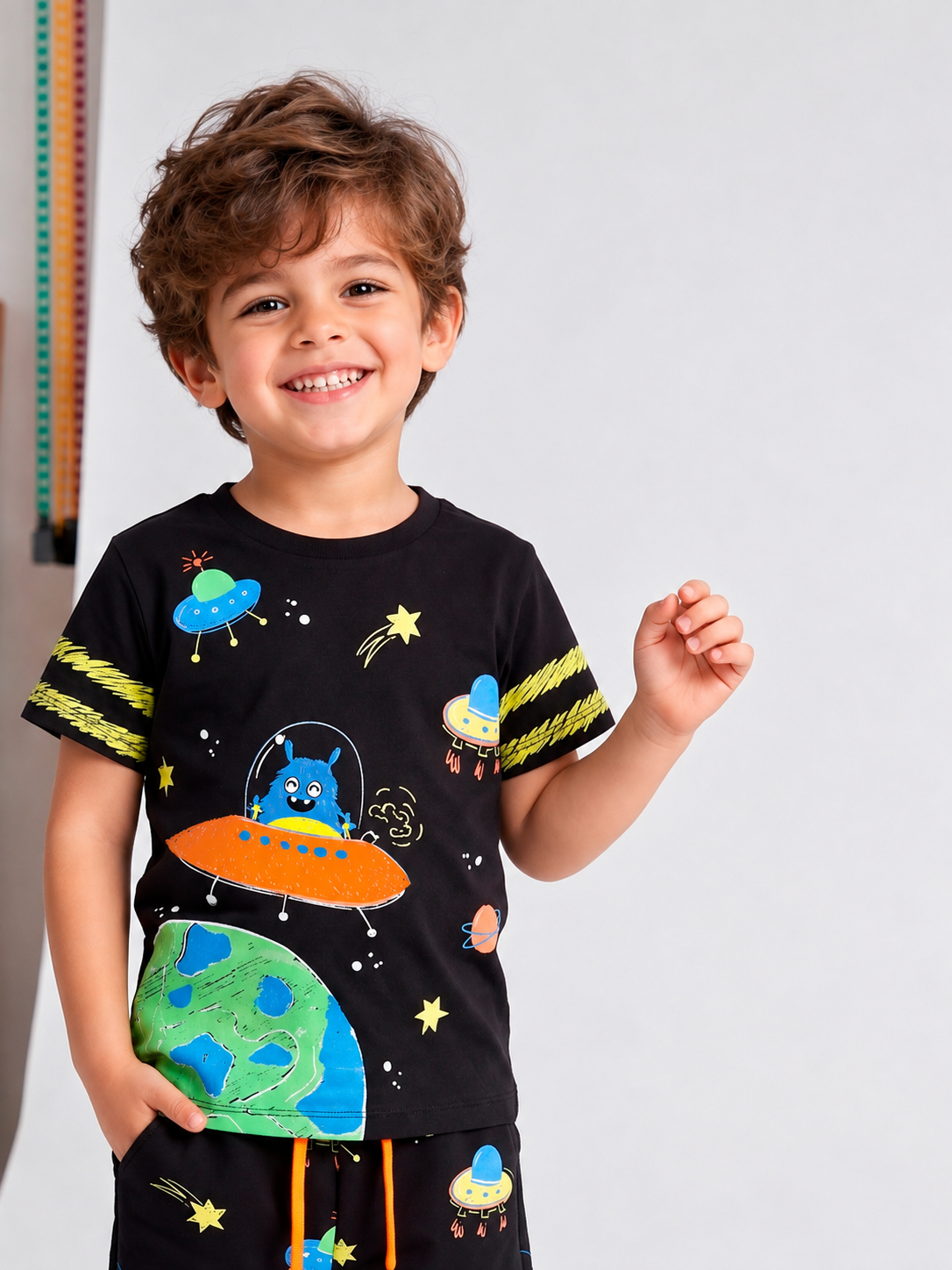 Camiseta Infantil Monstros no Espaço Preta | Banho de Chuva