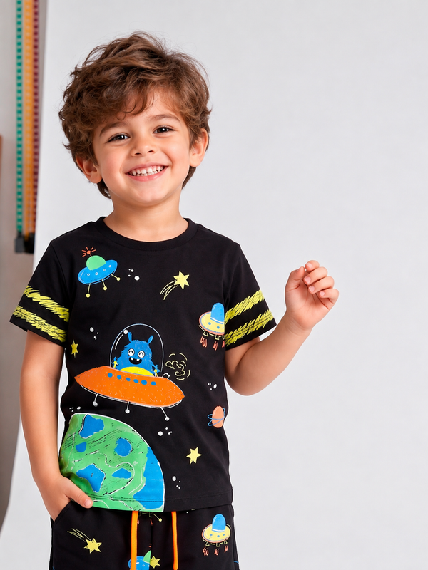 Camiseta Infantil Monstros no Espaço Preta | Banho de Chuva